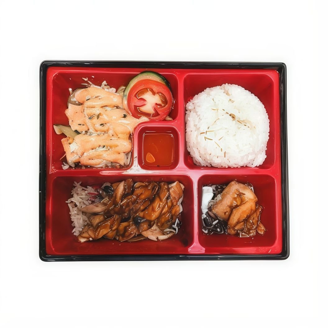 Bento japonés con arroz y diferentes acompañamientos